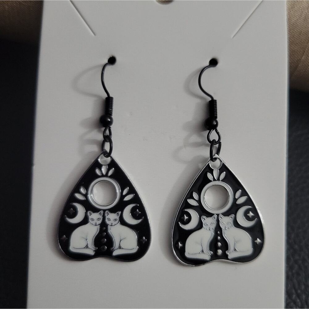 Cat ouija board planchette black and white earrings